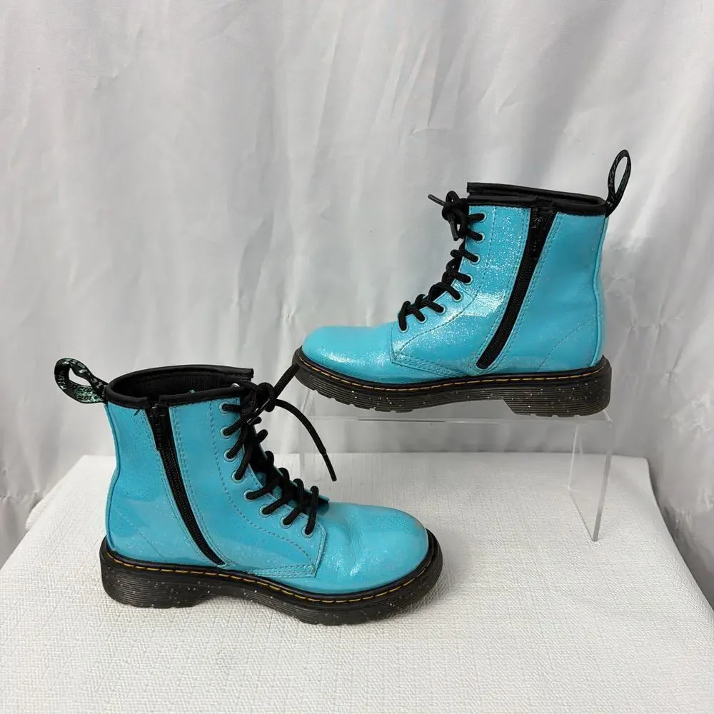 Dr Martens Boots Girls Size 2 Blue Sparkle 1460 J Side Zip Lace Up Youth